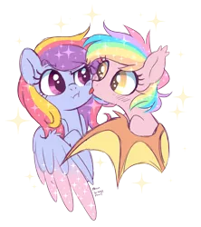 Size: 2388x2692 | Tagged: safe, artist:hawthornss, derpibooru import, oc, oc:glittering cloud, oc:paper stars, unofficial characters only, bat pony, pegasus, pony, bat pony oc, blushing, cute, female, glitterstars, lesbian, licking, licking face, mare, paperbetes, rainbow hair, shipping, simple background, sparkles, tongue out, transparent background, weapons-grade cute