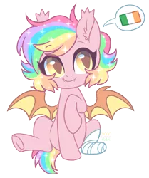 Size: 1733x2074 | Tagged: safe, artist:hawthornss, derpibooru import, oc, oc:paper stars, unofficial characters only, bat pony, pony, amputee, bandage, cute, cute little fangs, ear fluff, fangs, female, flag, ireland, mare, missing limb, moonsugar is trying to kill us, ocbetes, paperbetes, simple background, sitting, slit eyes, smiling, speech bubble, spread wings, stump, transparent background, underhoof, wings