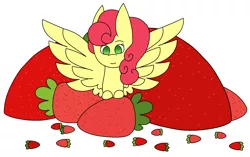 Size: 2740x1718 | Tagged: safe, artist:midnightamber, derpibooru import, strawberry sunrise, pegasus, pony, cute, female, food, mare, simple background, solo, strawberry, strawwberry sunrise, white background