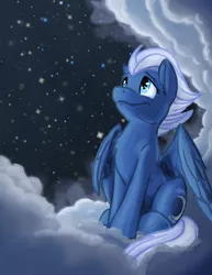 Size: 600x776 | Tagged: safe, artist:scruffasus, derpibooru import, night glider, pegasus, pony, chest fluff, cloud, cute, ear fluff, female, glideabetes, mare, night, sitting, sky, solo, starry night, stars