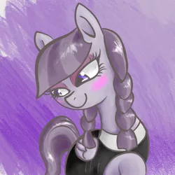 Size: 1200x1200 | Tagged: safe, artist:t72b, derpibooru import, inky rose, pegasus, pony, abstract background, blushing, bust, clothes, cute, female, inkybetes, mare, portrait, raised hoof, solo