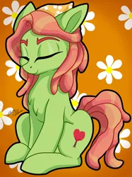 Size: 2551x3402 | Tagged: safe, artist:gleamydreams, derpibooru import, tree hugger, earth pony, pony, bandana, chest fluff, cute, eyebrows, eyes closed, female, flower, high res, huggerbetes, mare, signature, sitting, solo