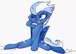 Size: 1954x1382 | Tagged: safe, artist:hiccupsdoesart, banned from derpibooru, deleted from derpibooru, derpibooru import, night glider, pegasus, pony, semi-anthro, adorasexy, anatomically incorrect, armpits, bedroom eyes, blushing, both cutie marks, chest fluff, cute, female, flexible, floppy ears, glideabetes, grin, incorrect leg anatomy, mare, one eye closed, sexy, simple background, sitting, smiling, smirk, solo, splits, spread legs, spreading, strategically covered, sultry pose, white background, wing fluff, wink