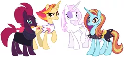 Size: 2065x959 | Tagged: safe, artist:not-yet-a-brony, derpibooru import, fire flare, fleur-de-lis, sassy saddles, tempest shadow, pony, unicorn, beautiful, cute, female, fleurabetes, friendship, friendshipping, mare, one eye closed, sassybetes, simple background, smiling, tall, tempestbetes, thin, white background, wink