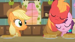 Size: 1280x721 | Tagged: safe, artist:agrol, derpibooru import, applejack, big macintosh, sugar belle, applejack's hat, cowboy hat, cute, female, food, hat, horse collar, image, macabetes, male, most sweet apple, pancakes, png, shipping, sleeping, straight, sugarbetes, sugarmac, sweet apple acres