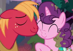 Size: 713x493 | Tagged: safe, derpibooru import, screencap, big macintosh, sugar belle, earth pony, pony, unicorn, season 8, the break up breakdown, spoiler:s08, cropped, cute, daaaaaaaaaaaw, eyes closed, female, hnnng, image, macabetes, male, mare, mud, muddy, nuzzling, png, shipping, smiling, stallion, straight, sugarbetes, sugarmac