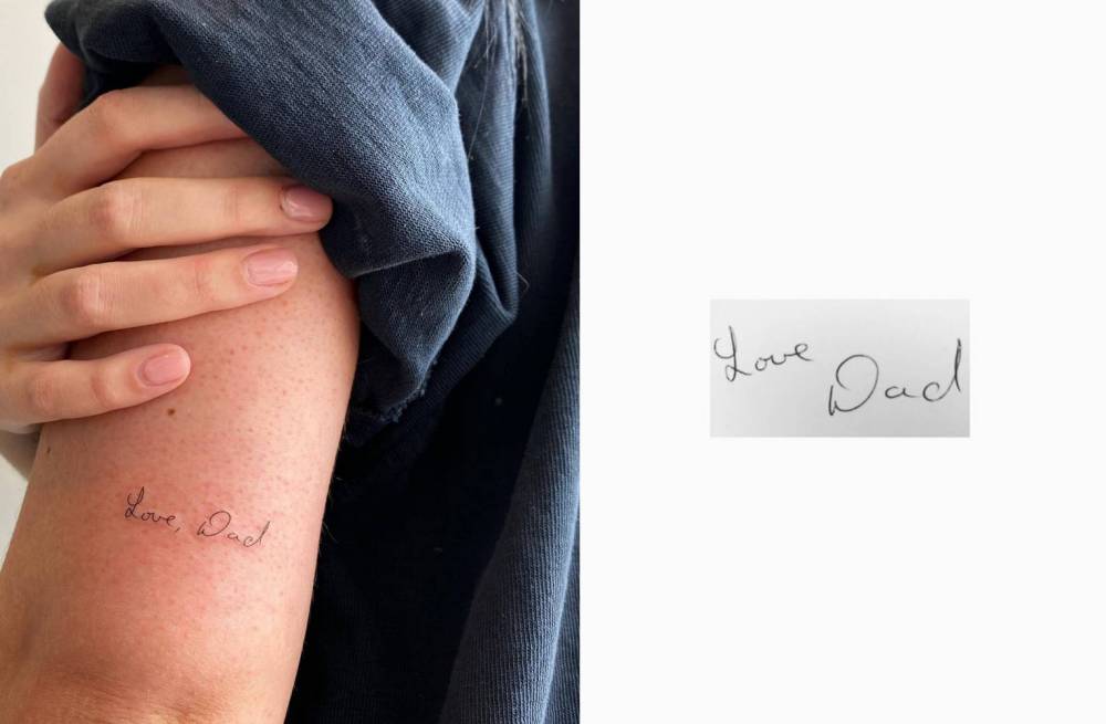 "Love, Dad" in her father's handwritting - memorial tattoo