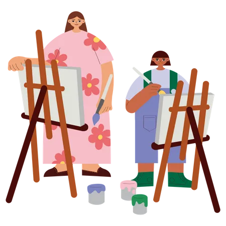 Mother and daughter painting together  Illustration