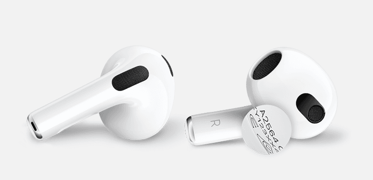 Az AirPods 3 modellszámának helye. A modellszám az AirPods fülhallgatók aljára van nyomtatva.