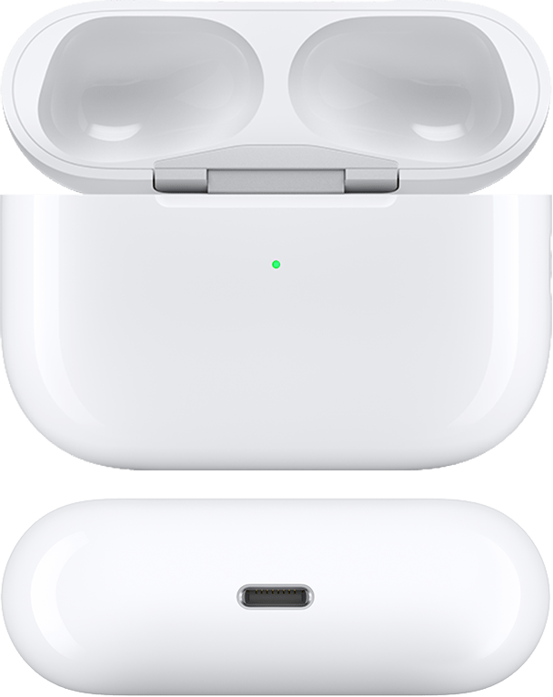 MagSafe-töltőtok AirPods Pro 1-hez, nyitott fedéllel és eltávolított AirPods fülhallgatóval, elölnézetben és alulnézetben. A tok alján egy Lightning-port található a töltéshez, és nem találhatók rajta hangszórók.