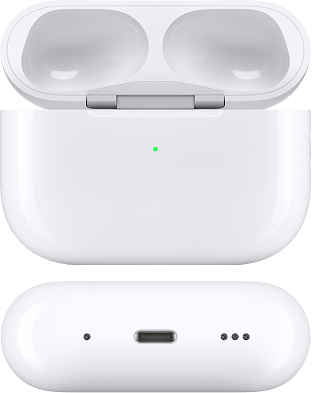 MagSafe-töltőtok (Lightning) AirPods Pro 2-höz, nyitott fedéllel és eltávolított AirPods fülhallgatóval, elölnézetben és alulnézetben.