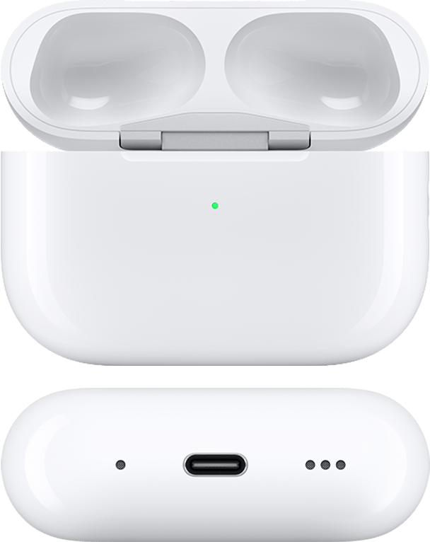 MagSafe-töltőtok (USB-C) AirPods Pro 2-höz, nyitott fedéllel és eltávolított AirPods fülhallgatóval, elölnézetben és alulnézetben.