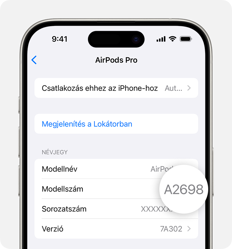 Az AirPods Pro modellszáma (A2698) a Beállítások menüben látható egy iPhone-on.