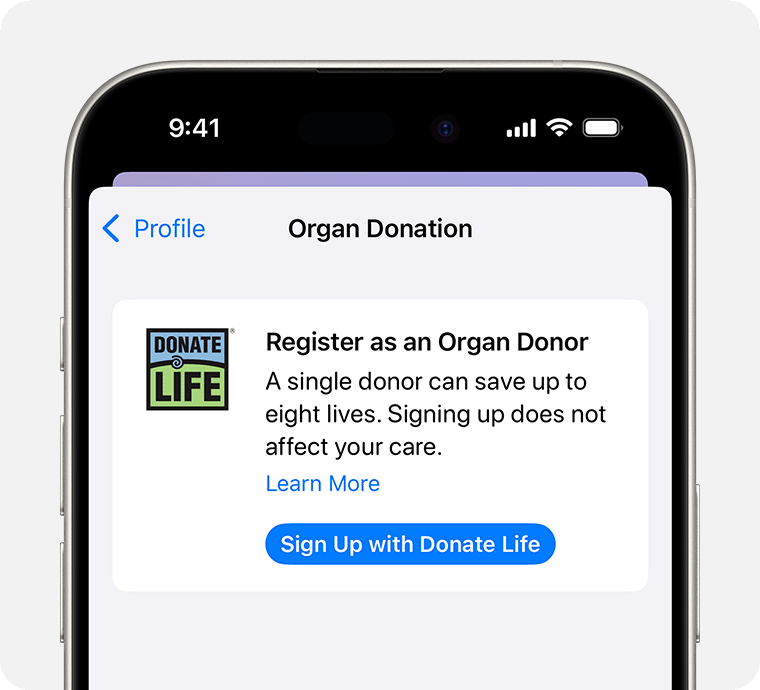 iPhone ที่แสดงตัวเลือกในการลงทะเบียนกับ Donate Life เพื่อเป็นผู้บริจาคอวัยวะ