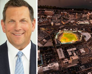 John Schlifske, CEO of Northwestern Mutual and an aerial photo of the area surrounding Fenway Park in Boston, Mass.