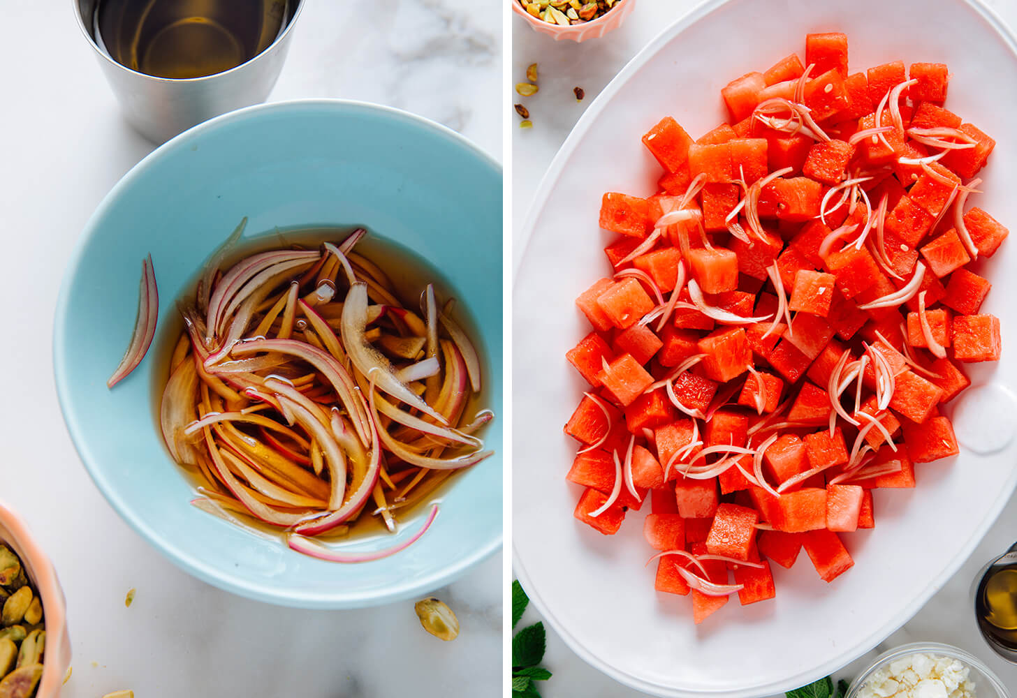 shallots on cubed watermelon