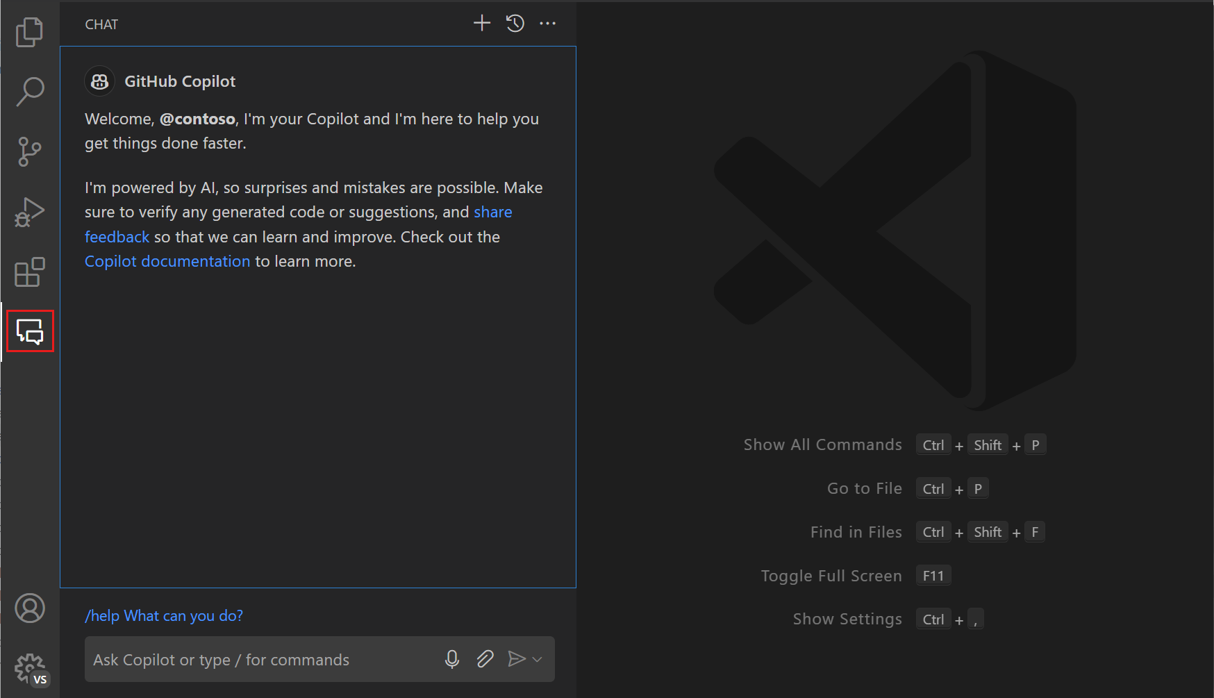 Copilot view in VS Code Activity Bar