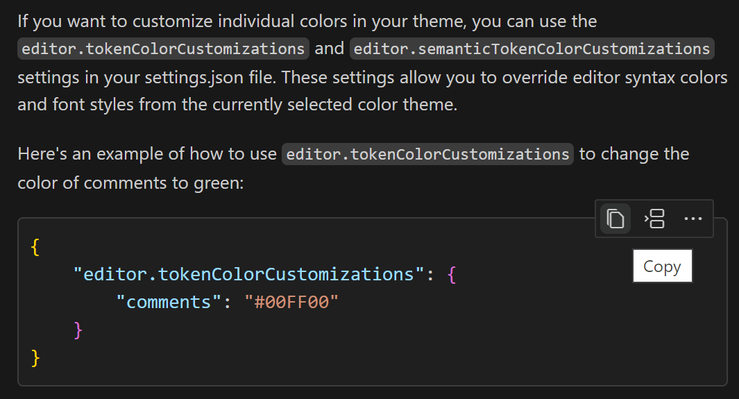 A Copilot Chat code block with JSON to change the color of comments in VS Code