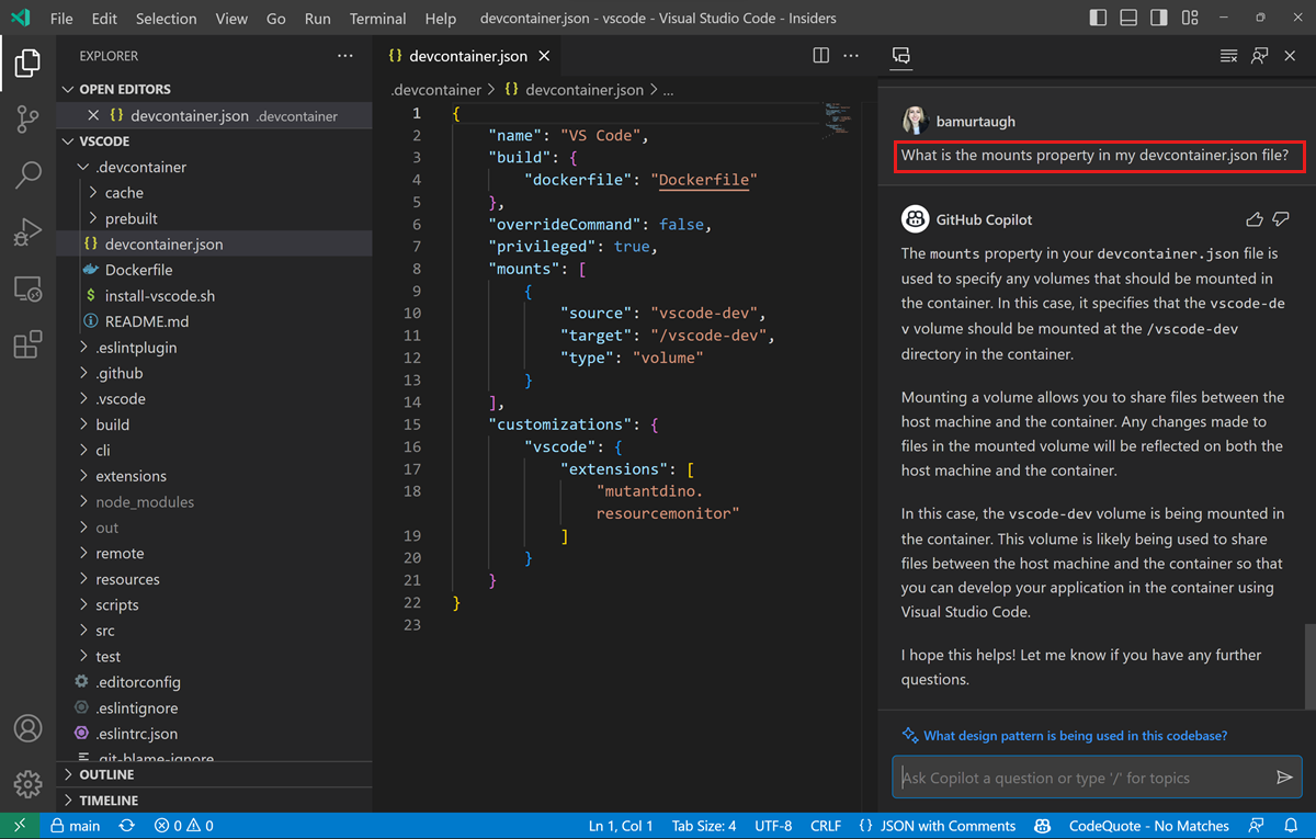 Copilot explaining a devcontainer.json file