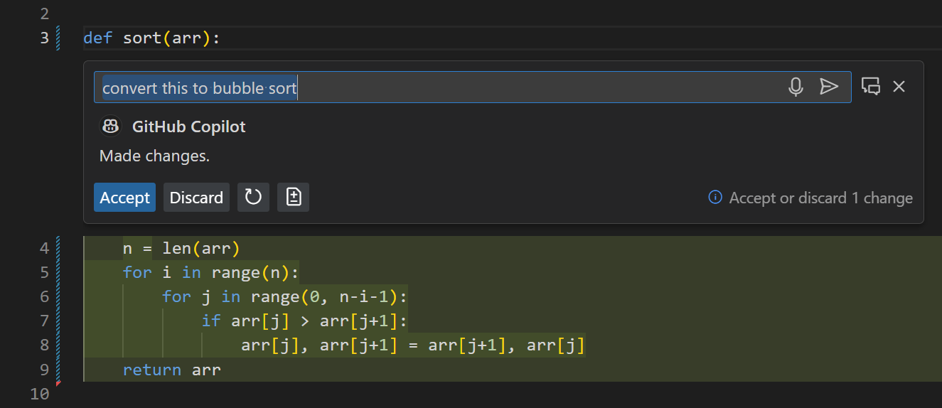 Copilot inline chat asking to convert a sort alogrithm to use bubble sort