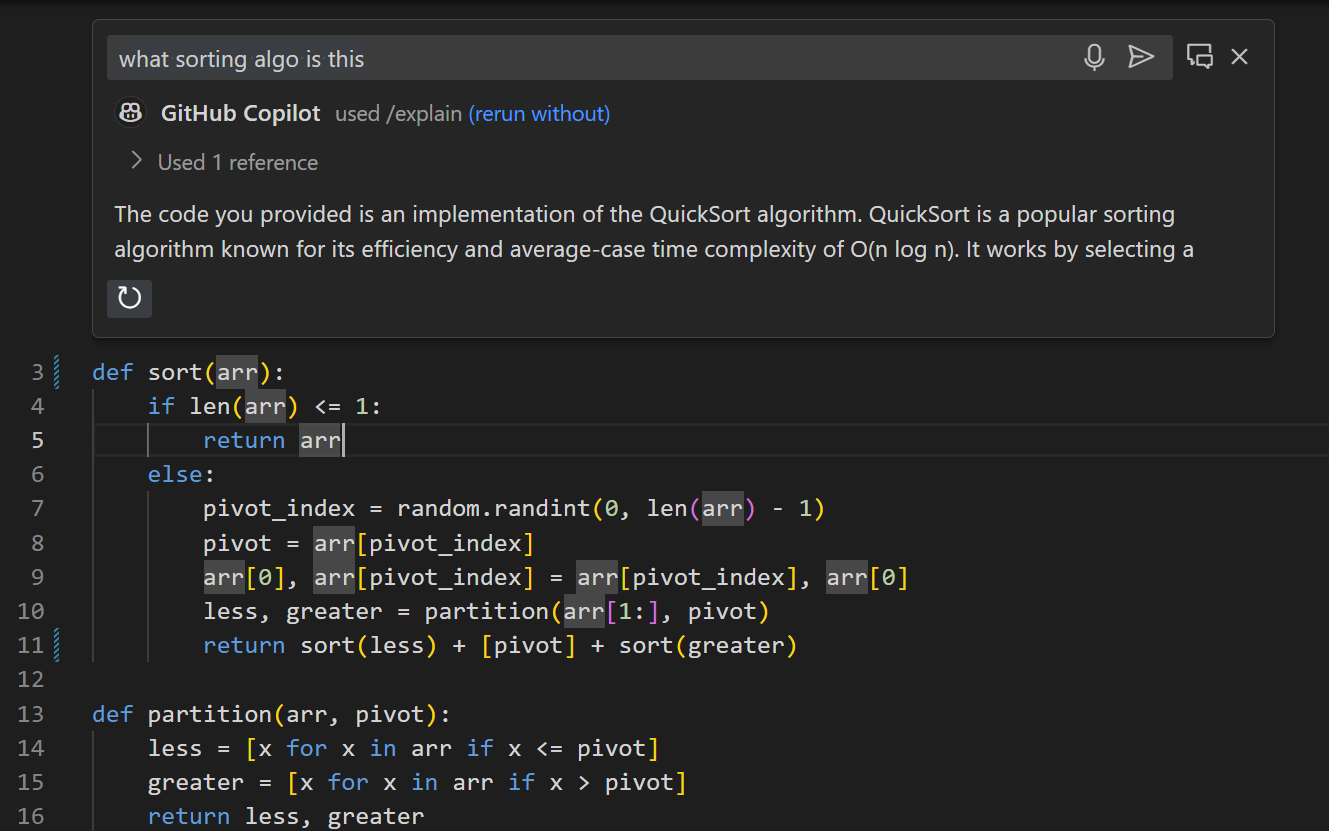 Copilot inline chat asking information about the used sorting algorithm