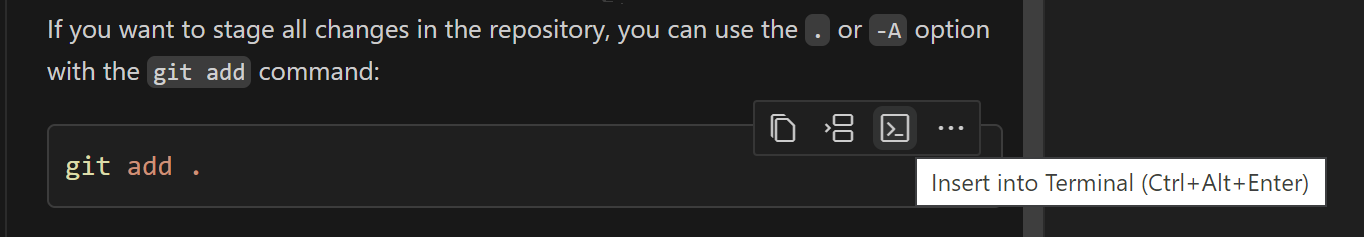 Copilot Chat code block to list files with Insert into Terminal option visible
