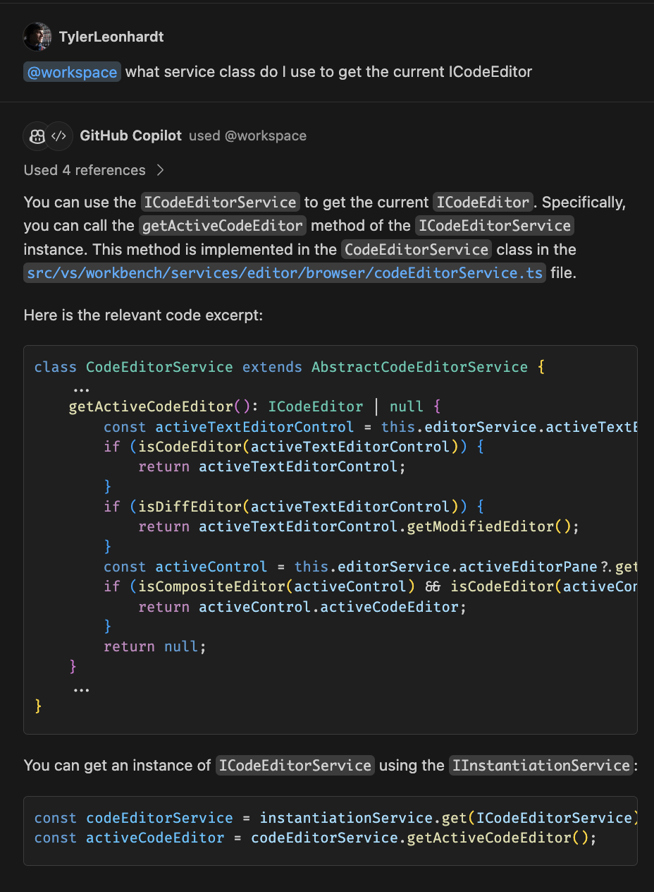 Asking the @workspace chat partipipant about ICodeEditor