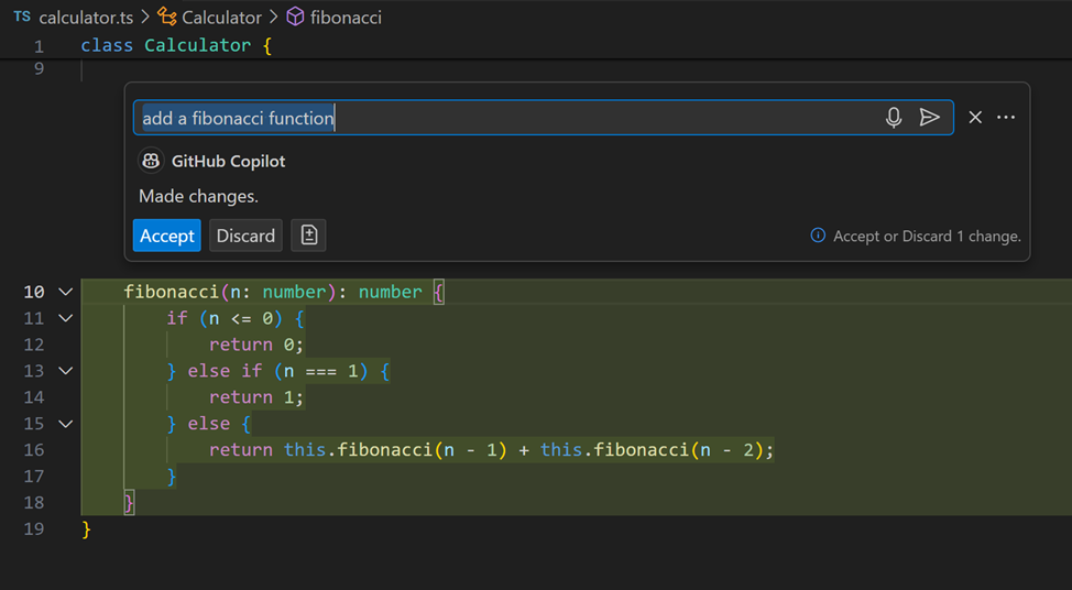 First response from Copilot for a function to calculate Fibonacci numbers