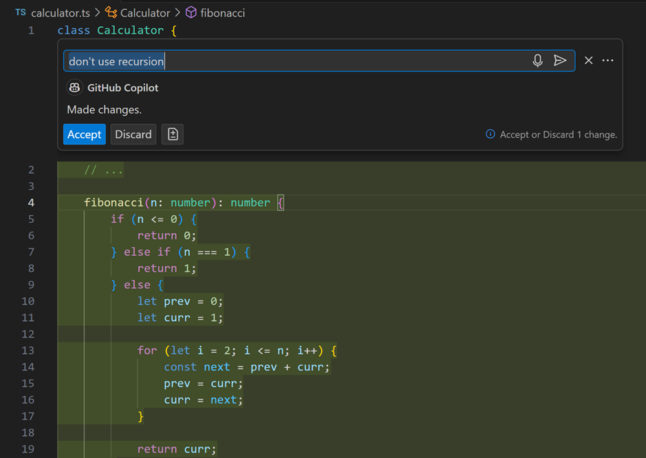 Ask Copilot to not use recursion and new result