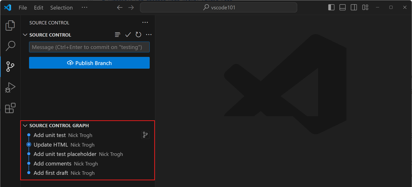 Screenshot that shows the Source Control Graph in the Source Control view.