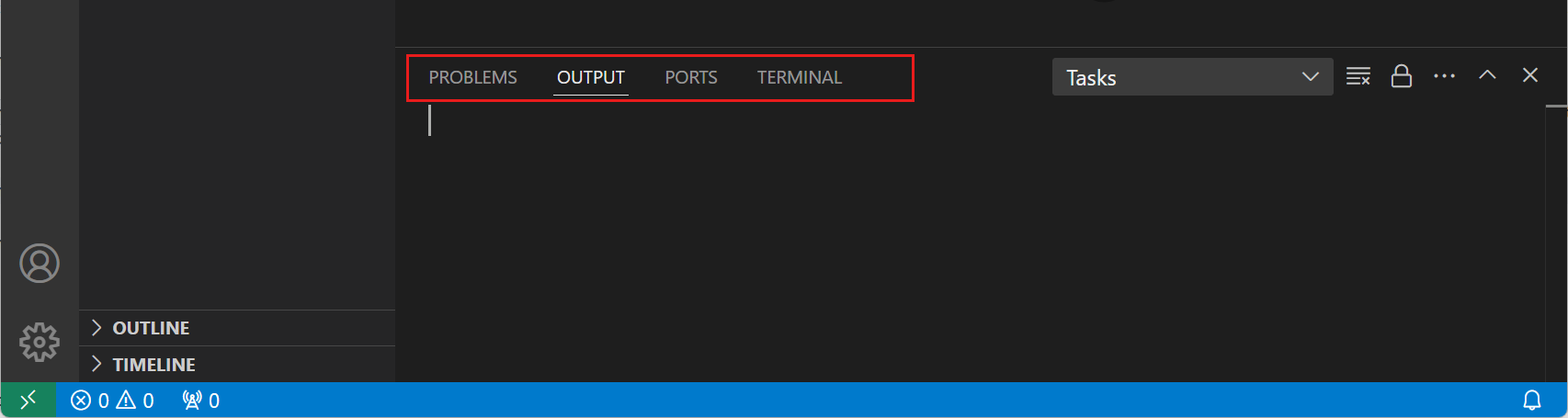 Screenshot that shows the Panel area with the Terminal view.