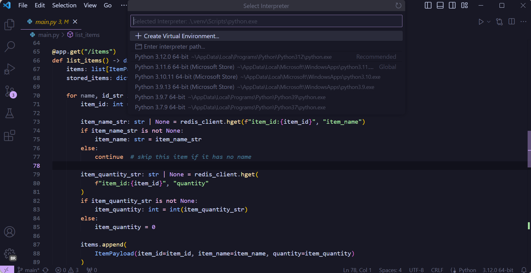 Create Environment option in the Python interpreter quick pick.