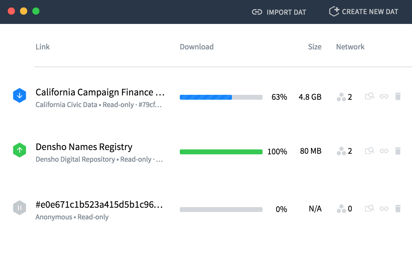 共有 Dat の数行を表示した、dat-desktop のメイン画面のスクリーンショット