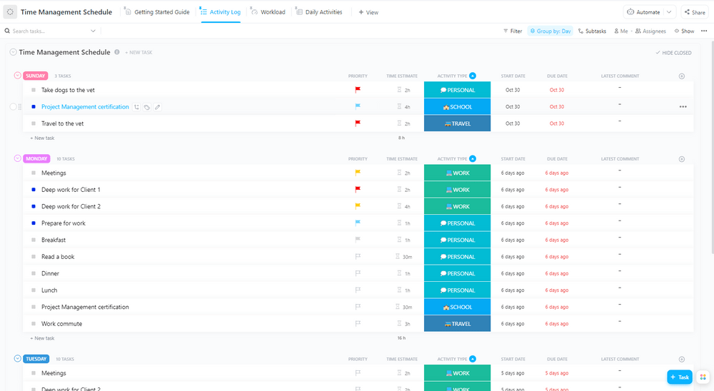 ClickUp Time Management Schedule Template