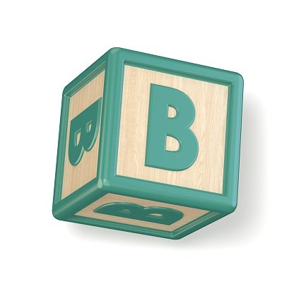 Letter B wooden alphabet blocks font rotated. 3D Clipart.