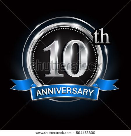 Celebrating 10th anniversary logo. with silver ring and blue.