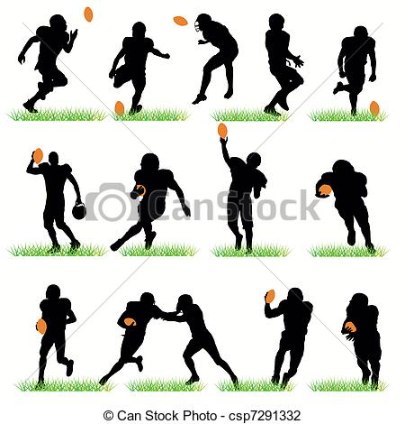 Vector Illustration of 14 American Football Silhouettes Set.