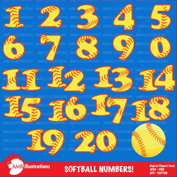 Softball Numbers Clipart, Team Numbers, Sports Clipart.