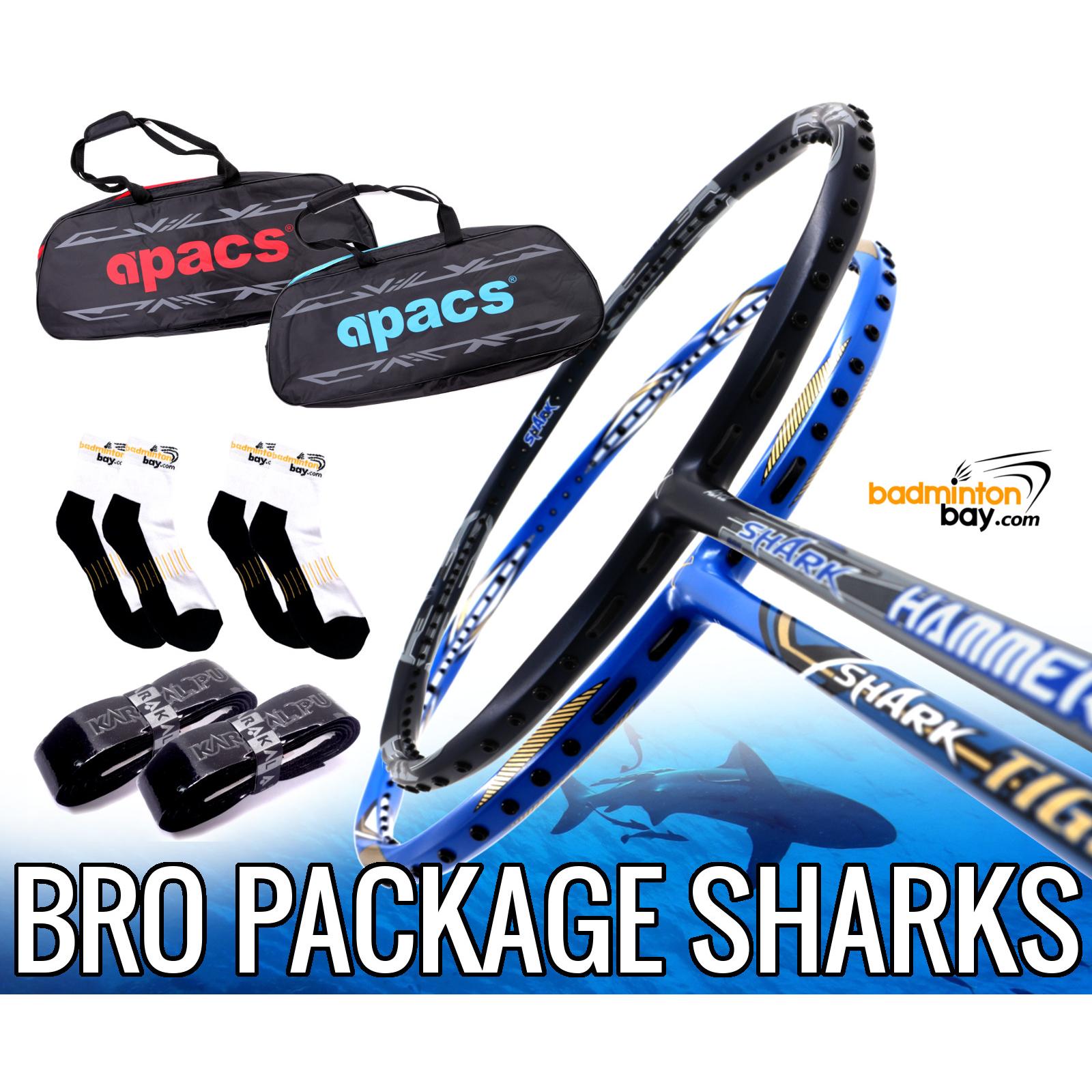 Bro Package SHARKS: Abroz Shark Tiger + Abroz Shark Hammerhead Badminton  Racket + 2 pcs Karakal Grips + 2 Single Bags + 2 pairs socks.