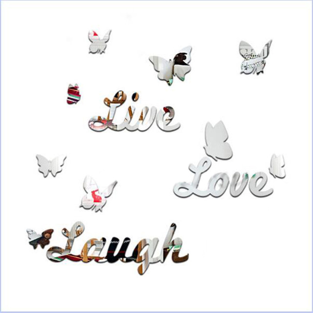 16pcs/Set 3D Mirror Effect Butterfly Live Love Laugh Wall Sticker Decal  Mural Home Living Room Office DIY Art Decor 2016 New.