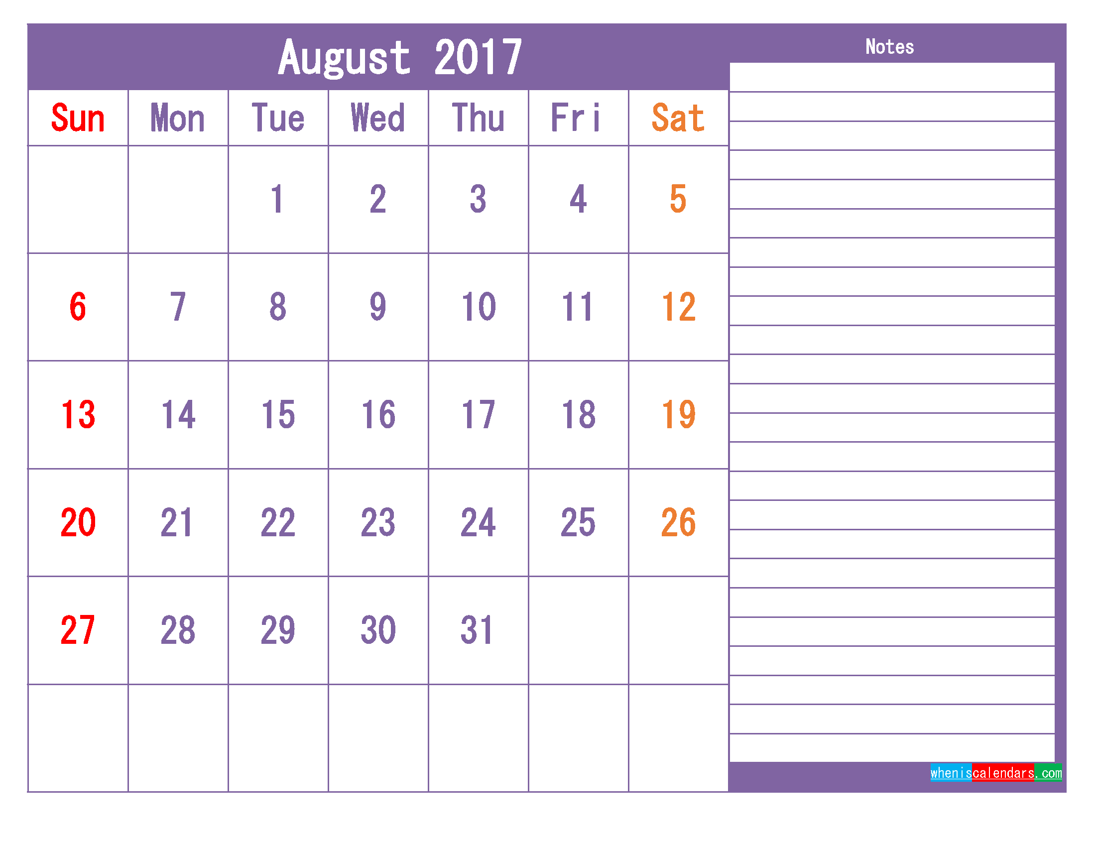 Printable 2017 Calendar Templates August ( PDF, PNG ).