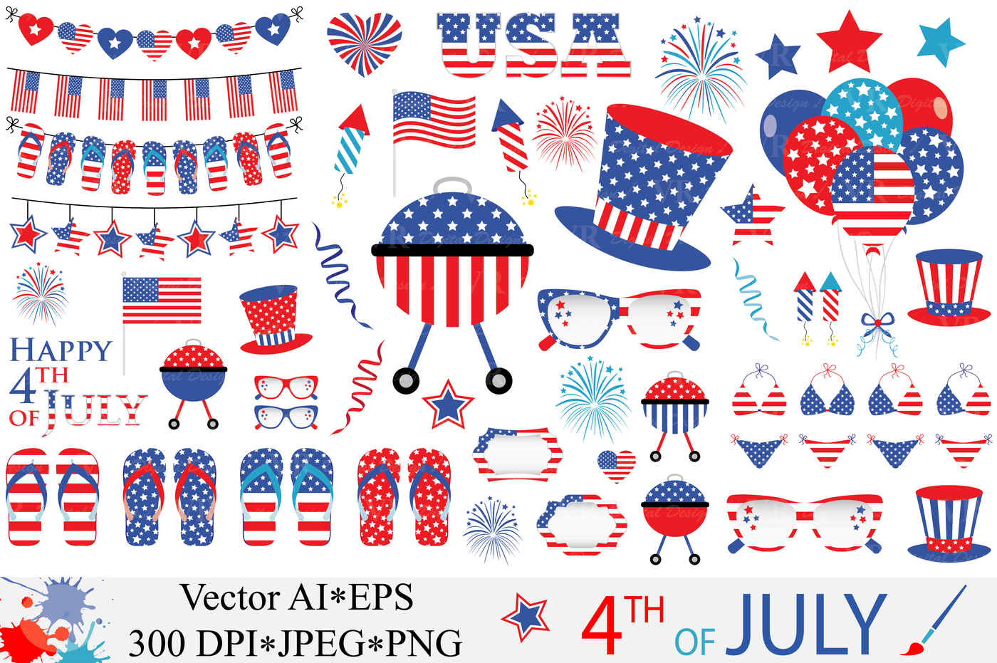 4th of July Clipart / USA Independence Day vector graphics By VR.