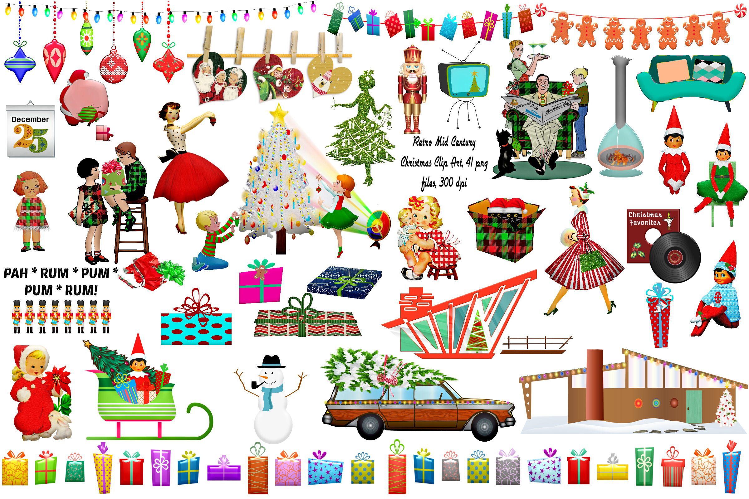 Christmas Mid Century Retro Clip Art By Me and Ameliè.