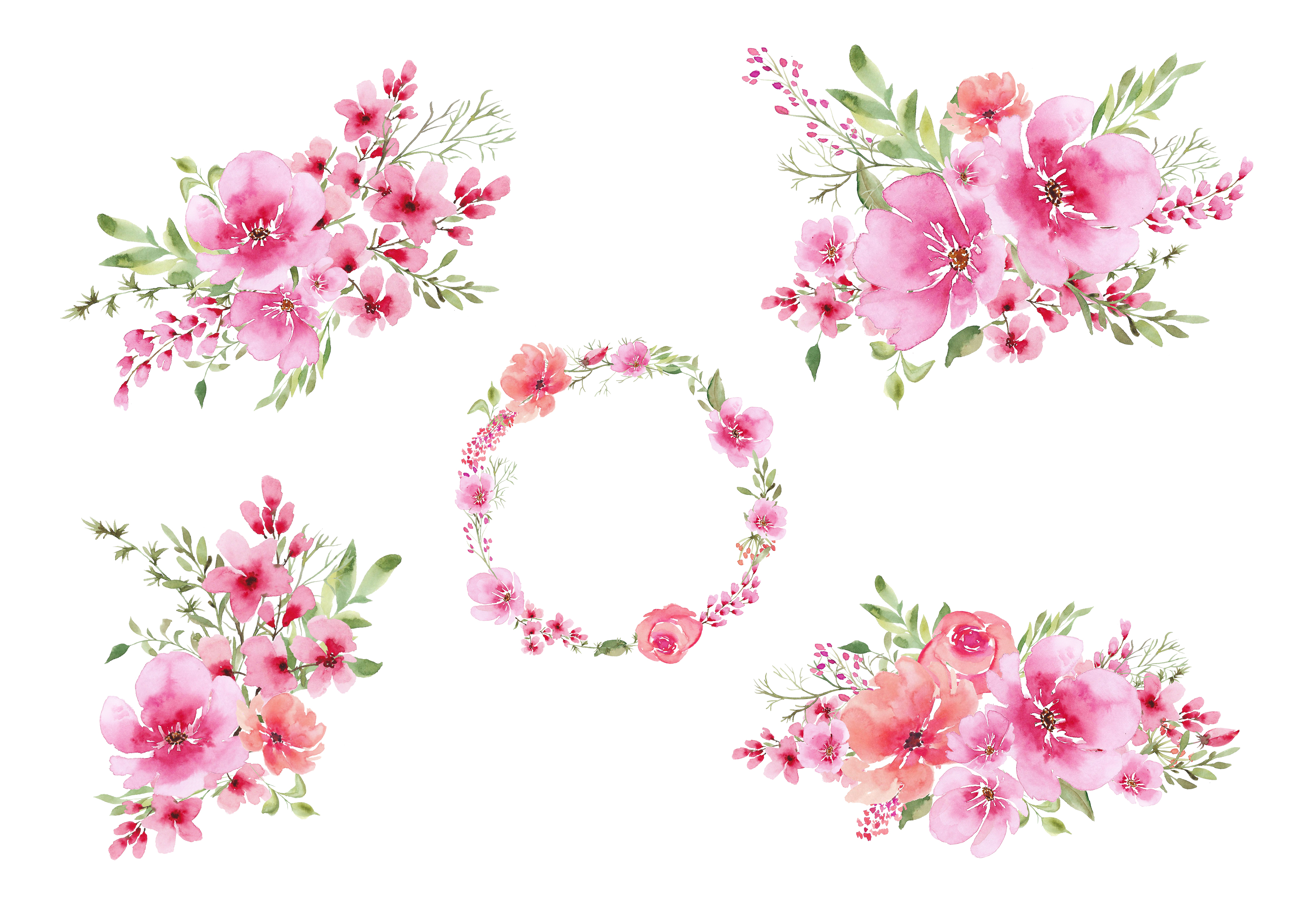 Watercolour clipart, Pink flowers and greenery bouquets, wreath, Wedding  flowers..