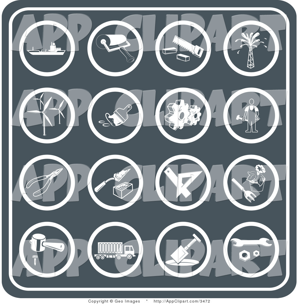 Vector Clip Art of a Collection of Sixteen Round Tool Icons.