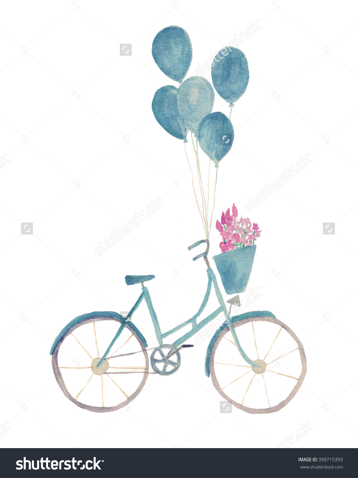 Watercolor Bicycle Illustration Basket Flowers Balloons Stock.