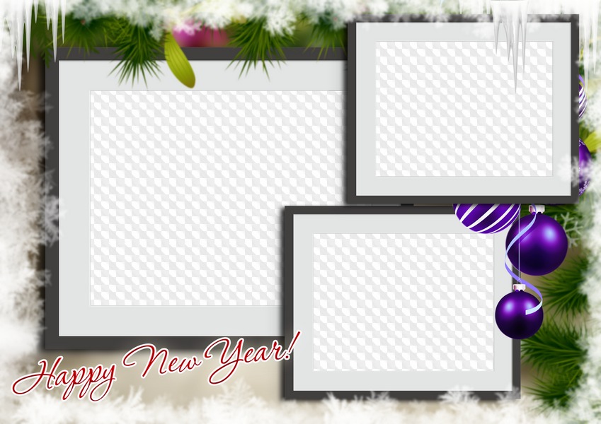 Happy New Year! photo frame collage three photos. Transparent PNG.