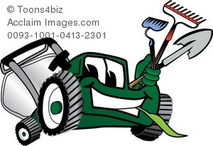 Clipart Cartoon Lawn Mower With Gardening Tools.