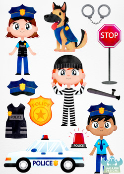 Police Cops and Robbers Watercolor Clipart.