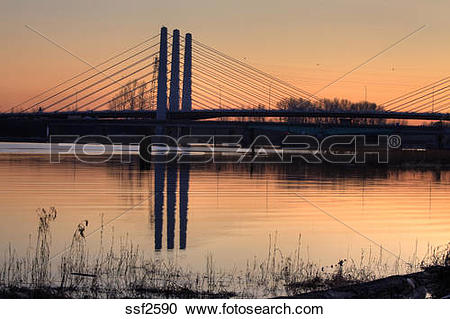 Stock Photography of New Pitt River bridge at sunset, Port.